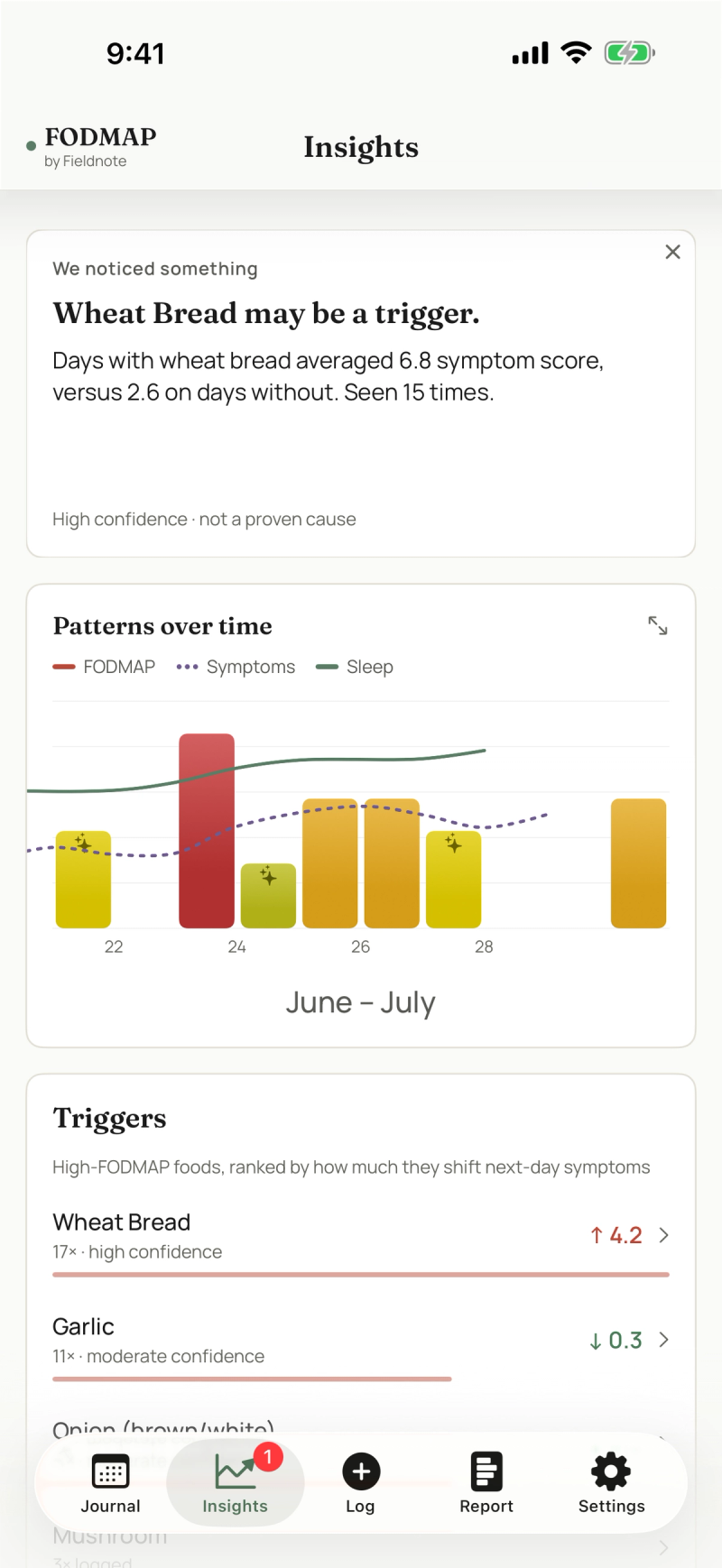 The insights screen renders insights