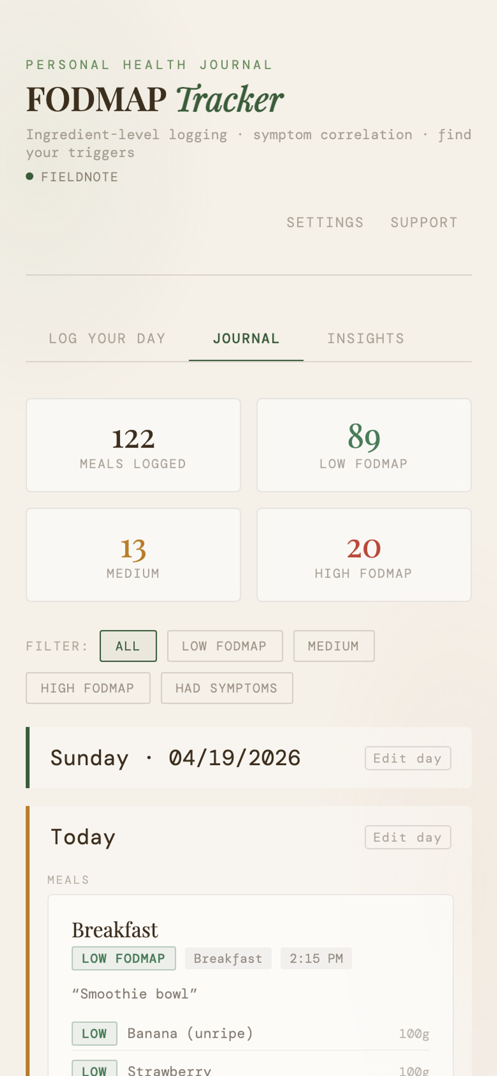 FODMAP Tracker — mobile history