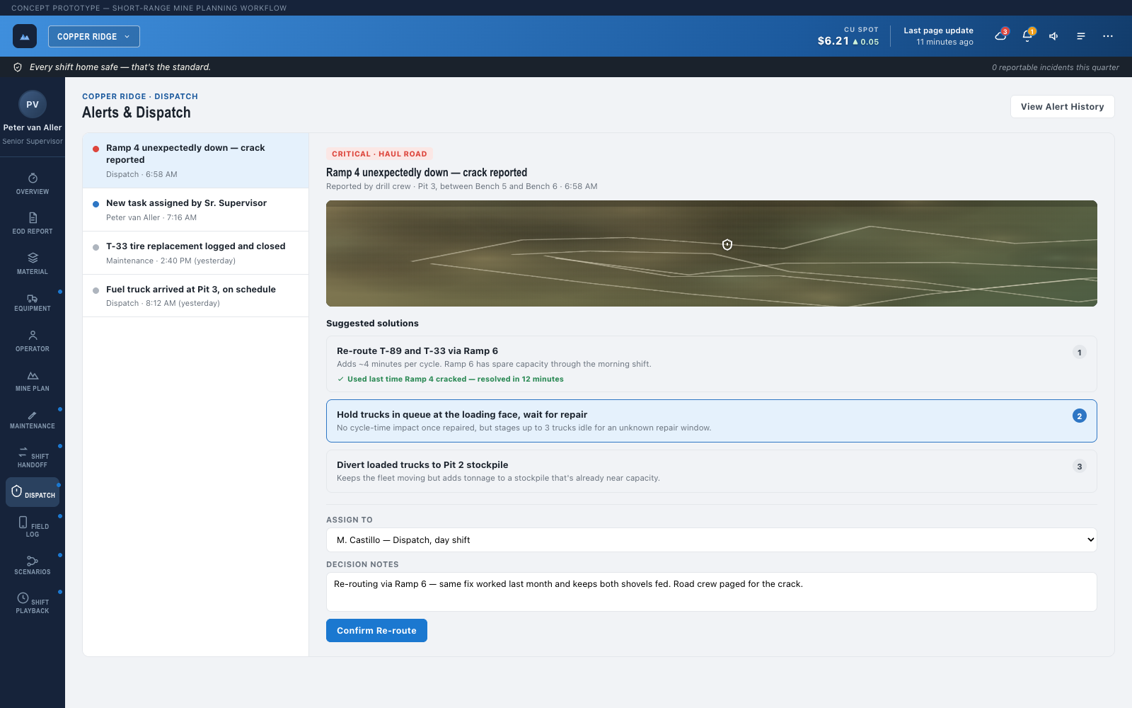 Dispatch screen with an alternative solution selected, showing its tradeoff