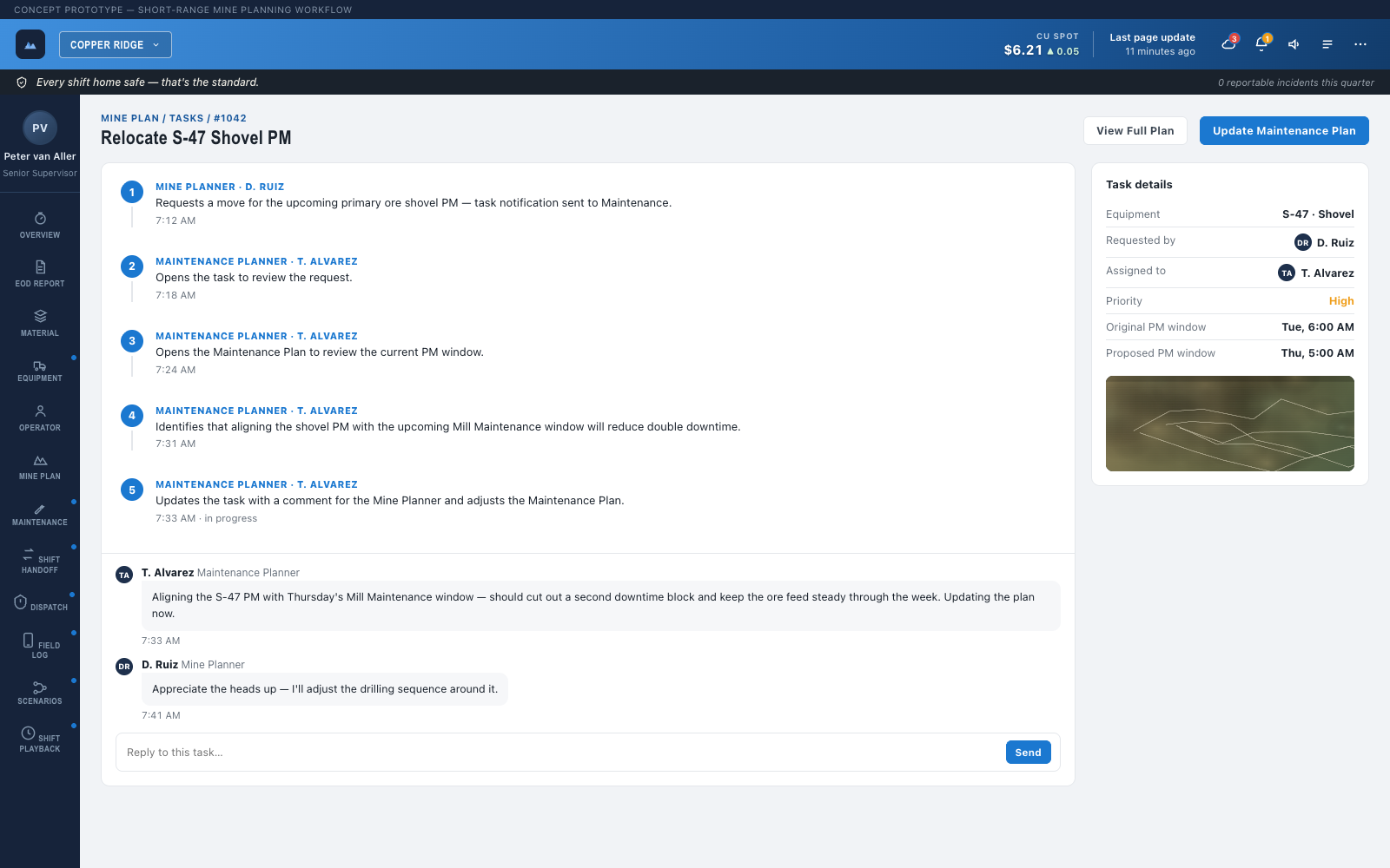 Task Tracker screen showing the Relocate S-47 Shovel PM task thread