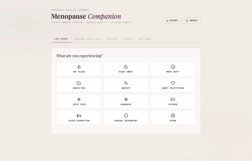 Menopause Companion — desktop log