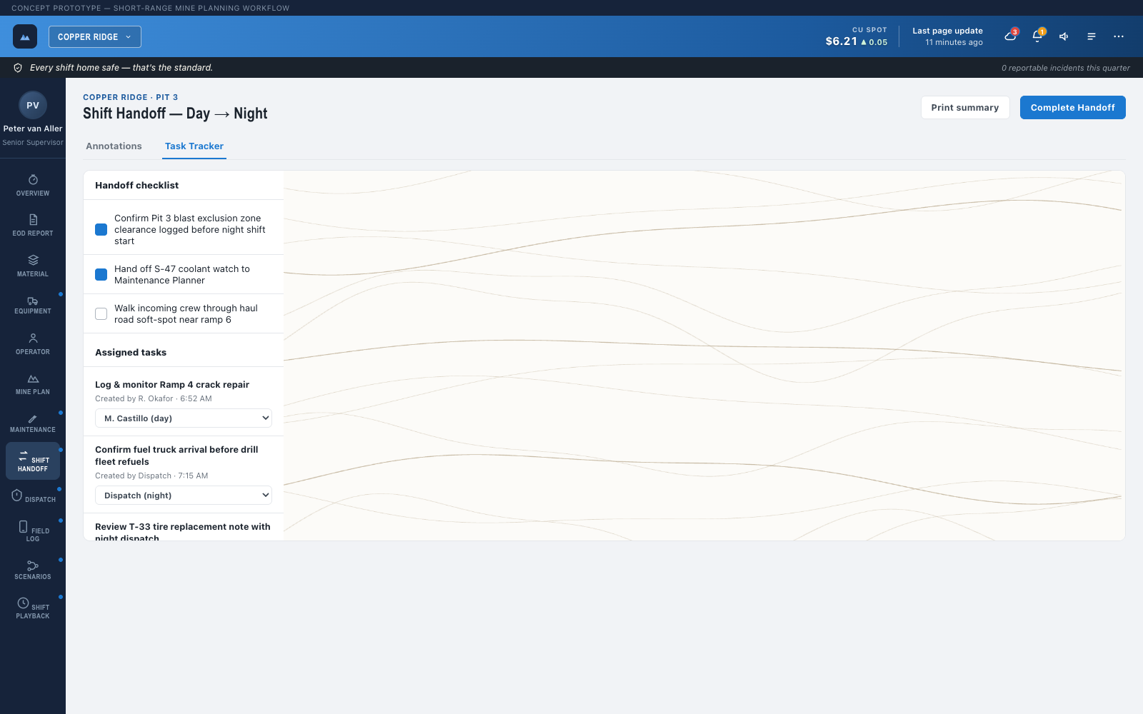 Shift Handoff Task Tracker tab showing task reassignment between crews