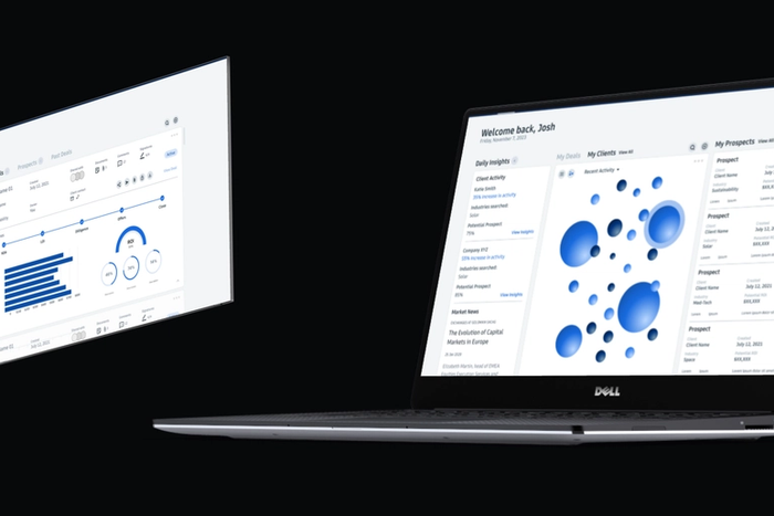 Investment bank client-insights dashboard showing live deals and ranked prospects