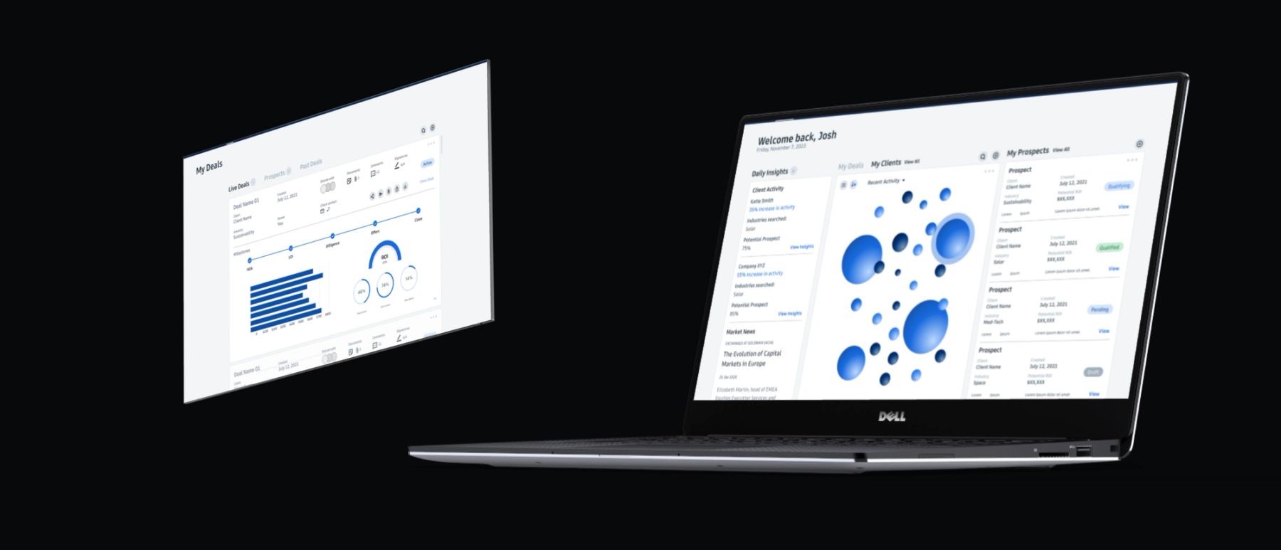 Investment bank client-insights dashboard showing live deals and ranked prospects
