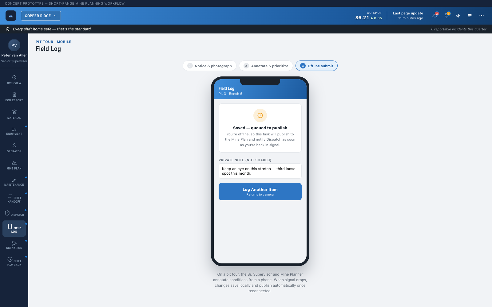 Field Log mobile screen showing the offline queued-to-publish confirmation
