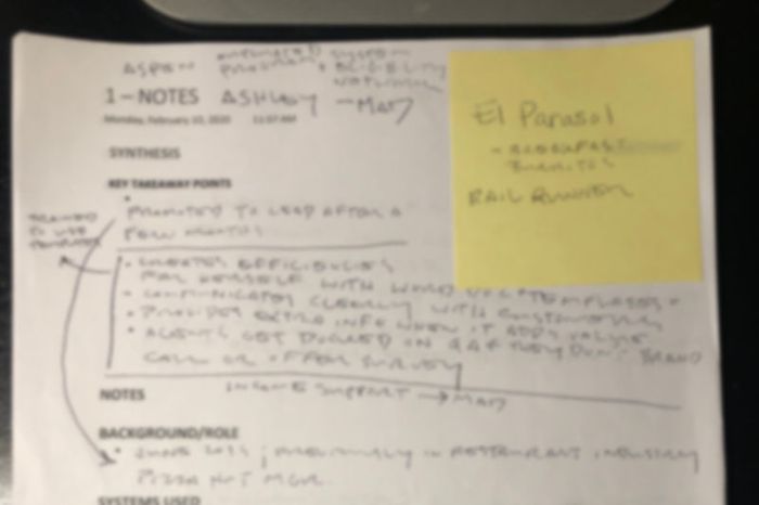 Indicative image of the notes taken during shadowing of Customer Service Representatives.