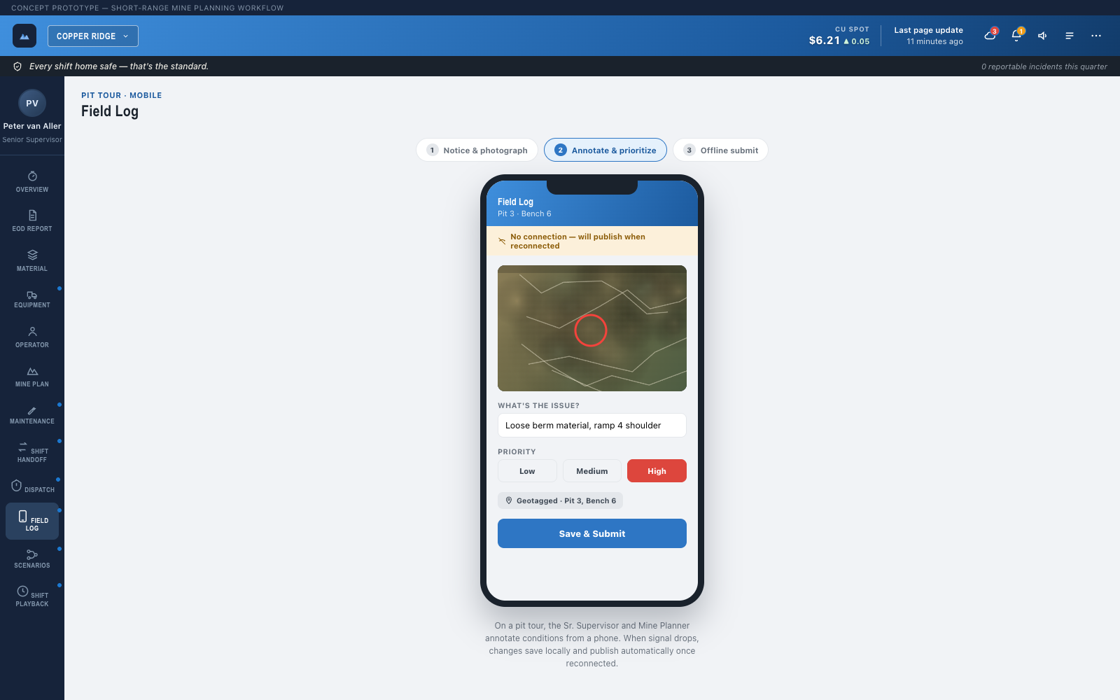 Field Log mobile screen showing hazard annotation, priority, and geotag
