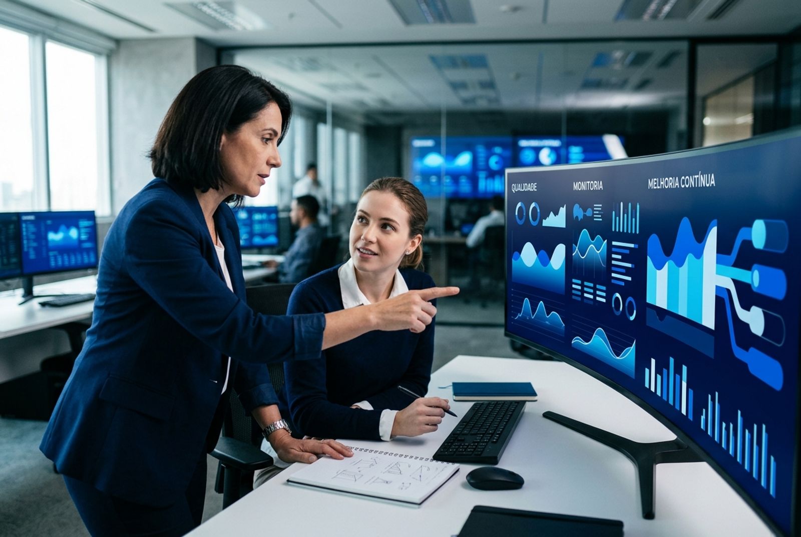 Equipe de gestão acompanhando qualidade e indicadores do atendimento em dashboard