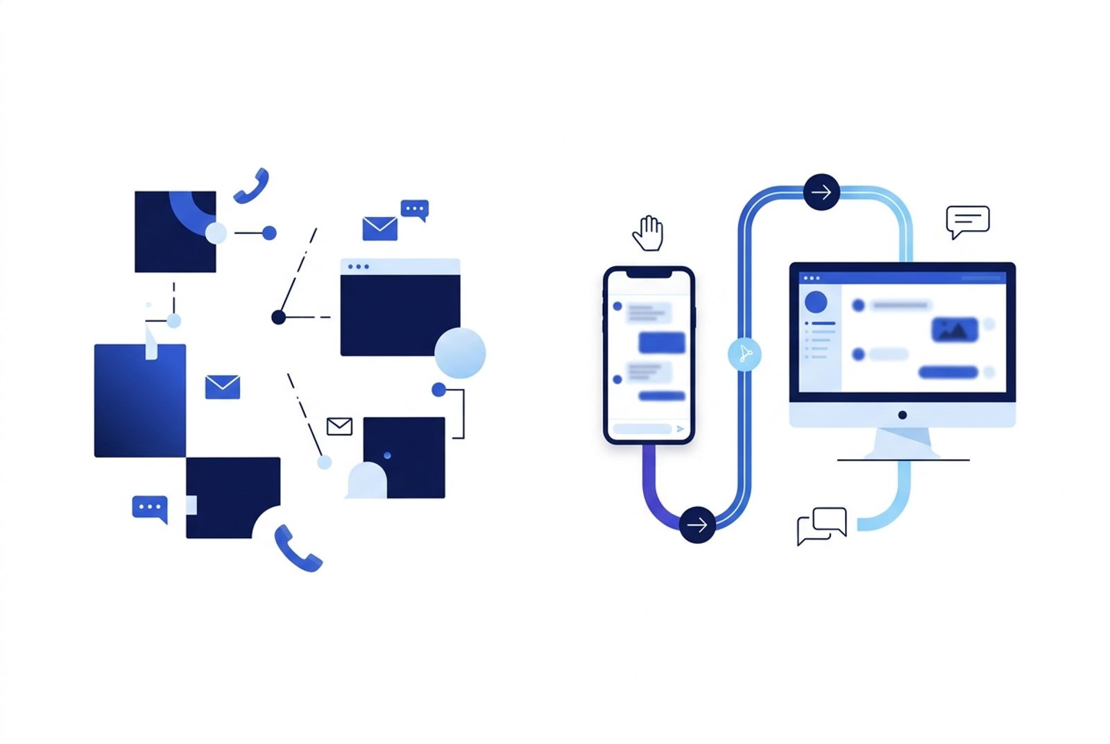 Comparação visual entre atendimento multicanal fragmentado e atendimento omnichannel integrado