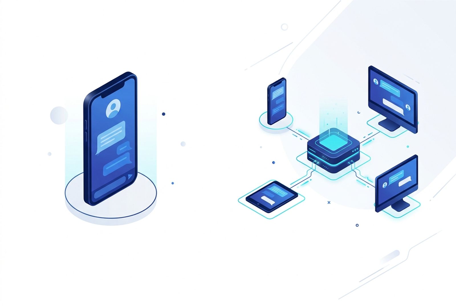 Comparação visual entre operação em um único celular e atendimento compartilhado em plataforma