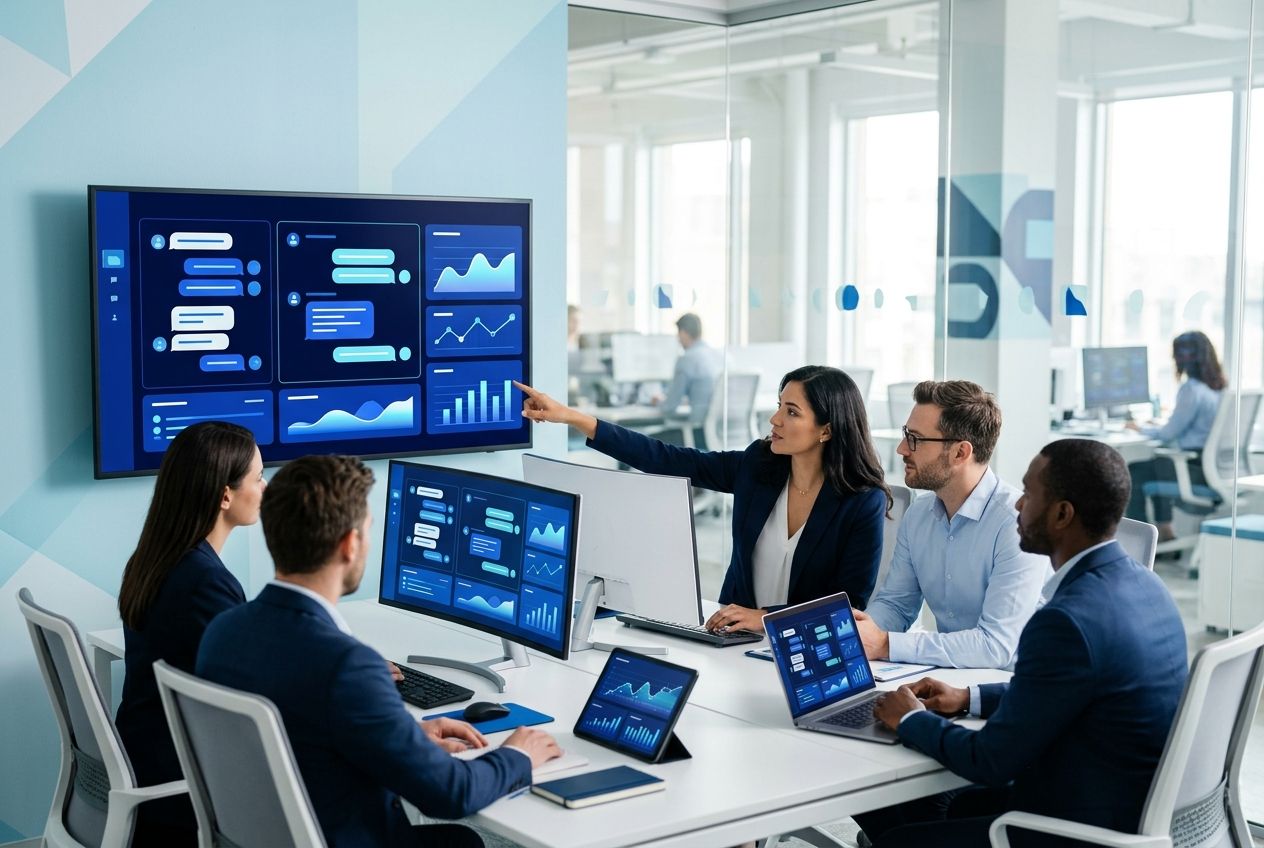 Equipe de atendimento empresarial operando conversas em ambiente digital organizado