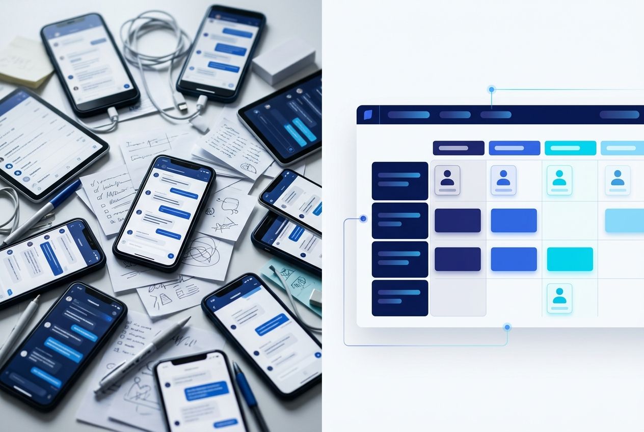 Comparação visual entre atendimento caótico no WhatsApp e operação organizada em plataforma compartilhada