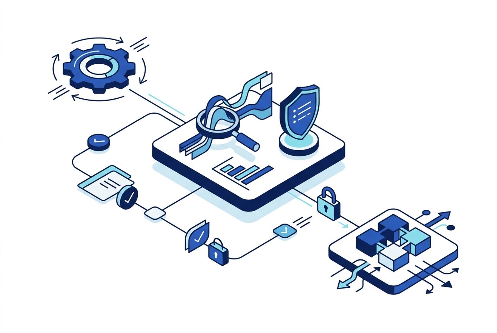 Visual simbólico de governança, automação e monitoramento em operação de atendimento digital