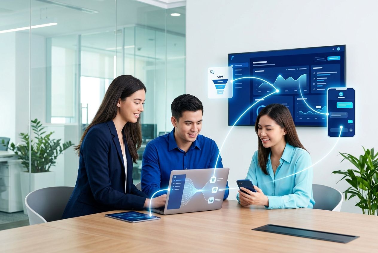 Equipe conectando marketing, comercial e atendimento em um fluxo digital unificado