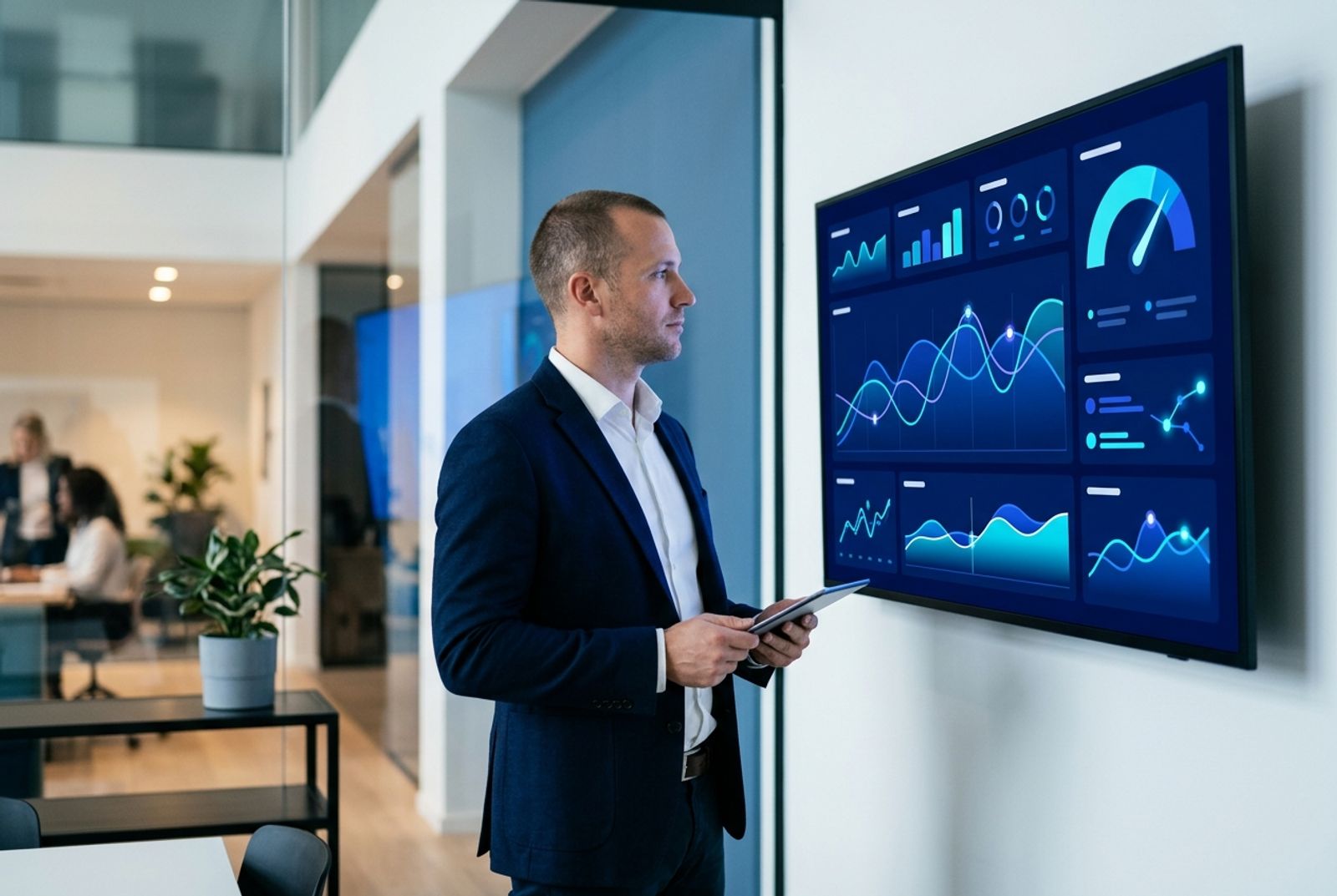 Gestor acompanhando indicadores de uma operação híbrida de atendimento.