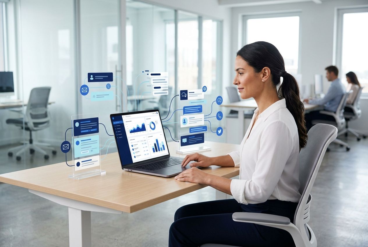 Gestor de atendimento analisando uma operação de atendimento multicanal organizada.