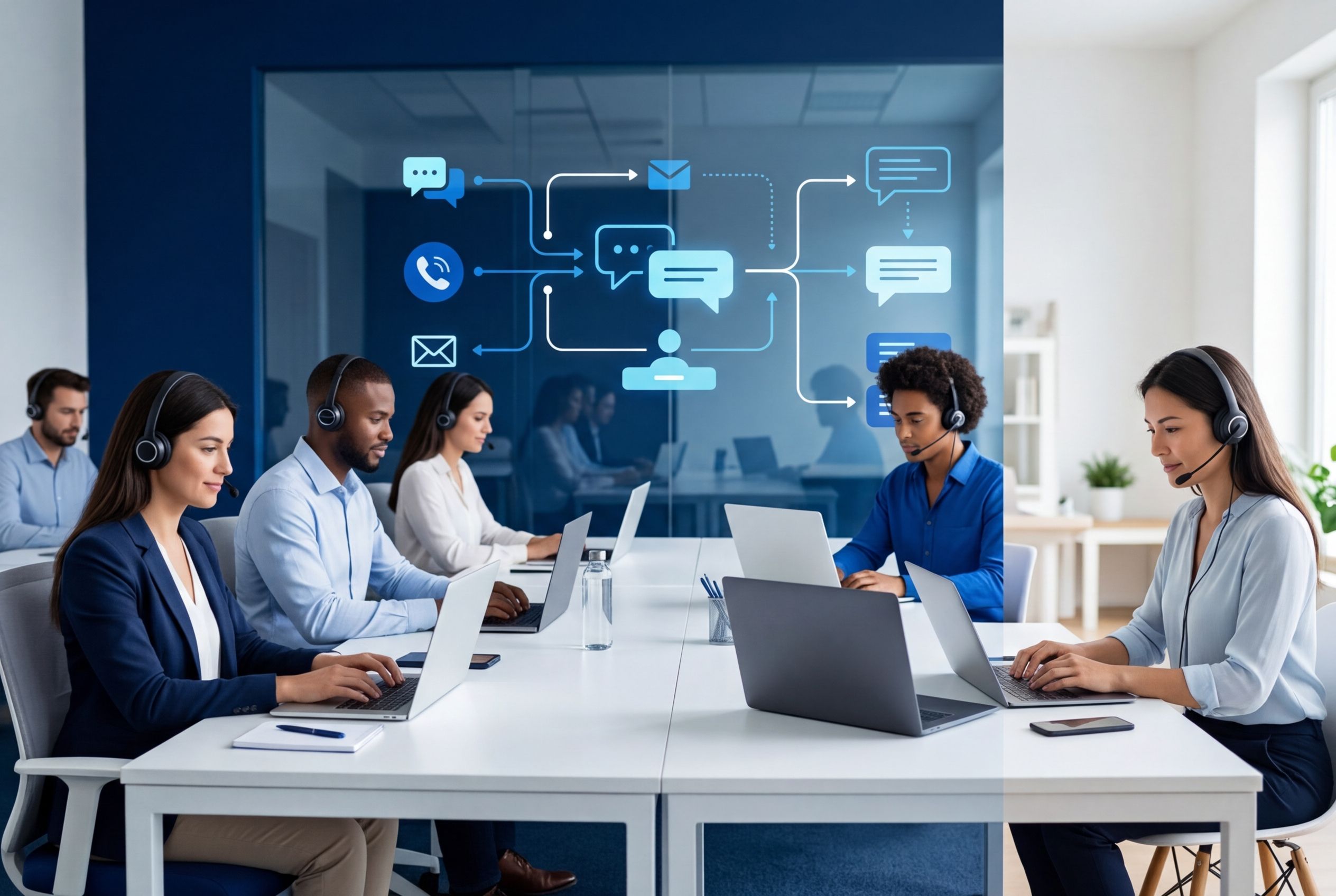 Equipe de atendimento operando em modelo híbrido com visão digital unificada