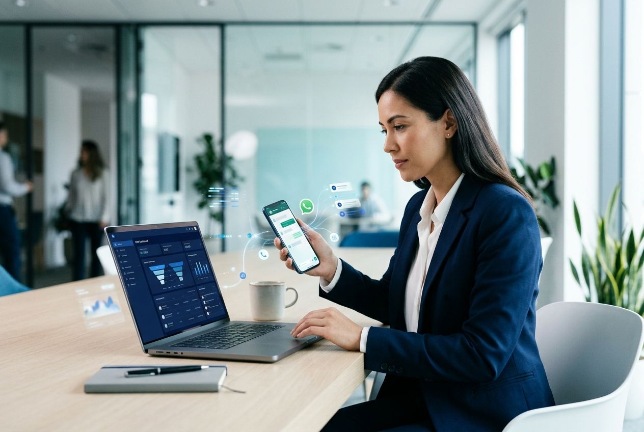 Gestora analisando operação de WhatsApp integrada ao CRM em ambiente corporativo