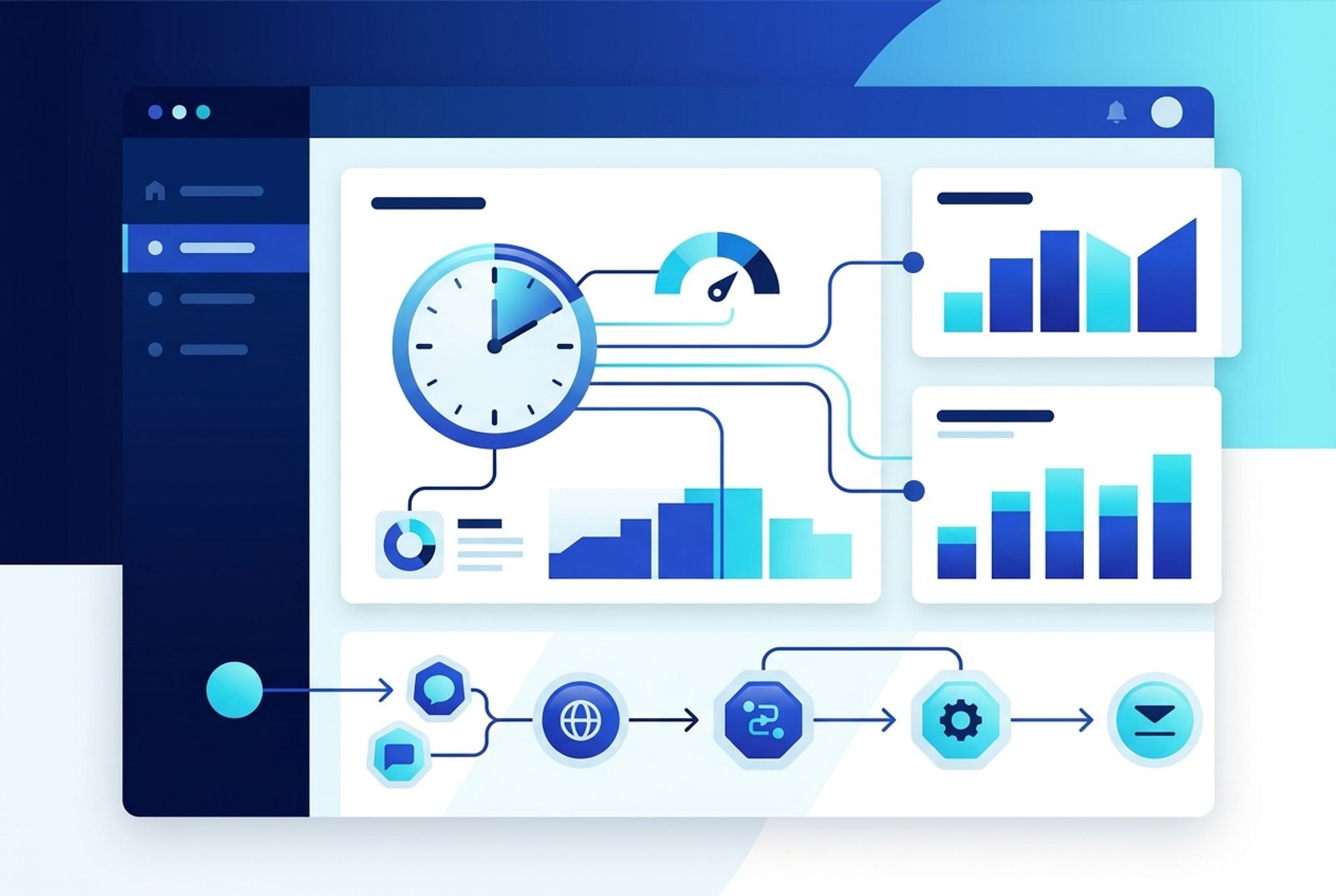 Painel abstrato de indicadores, SLA e automação para gestão de atendimento.