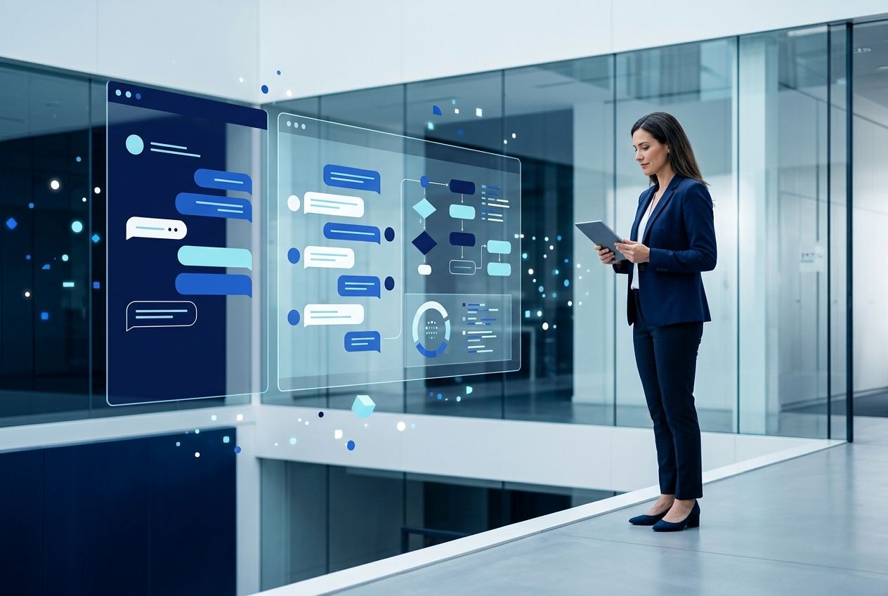 Gestora de atendimento observando uma operação digital integrada com automação e IA