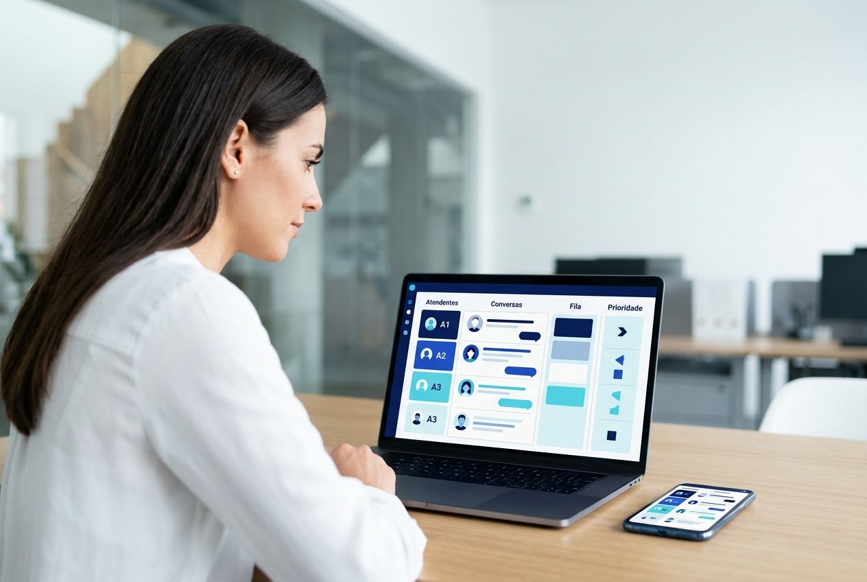 Gestora acompanhando atendimento compartilhado no WhatsApp em um painel organizado