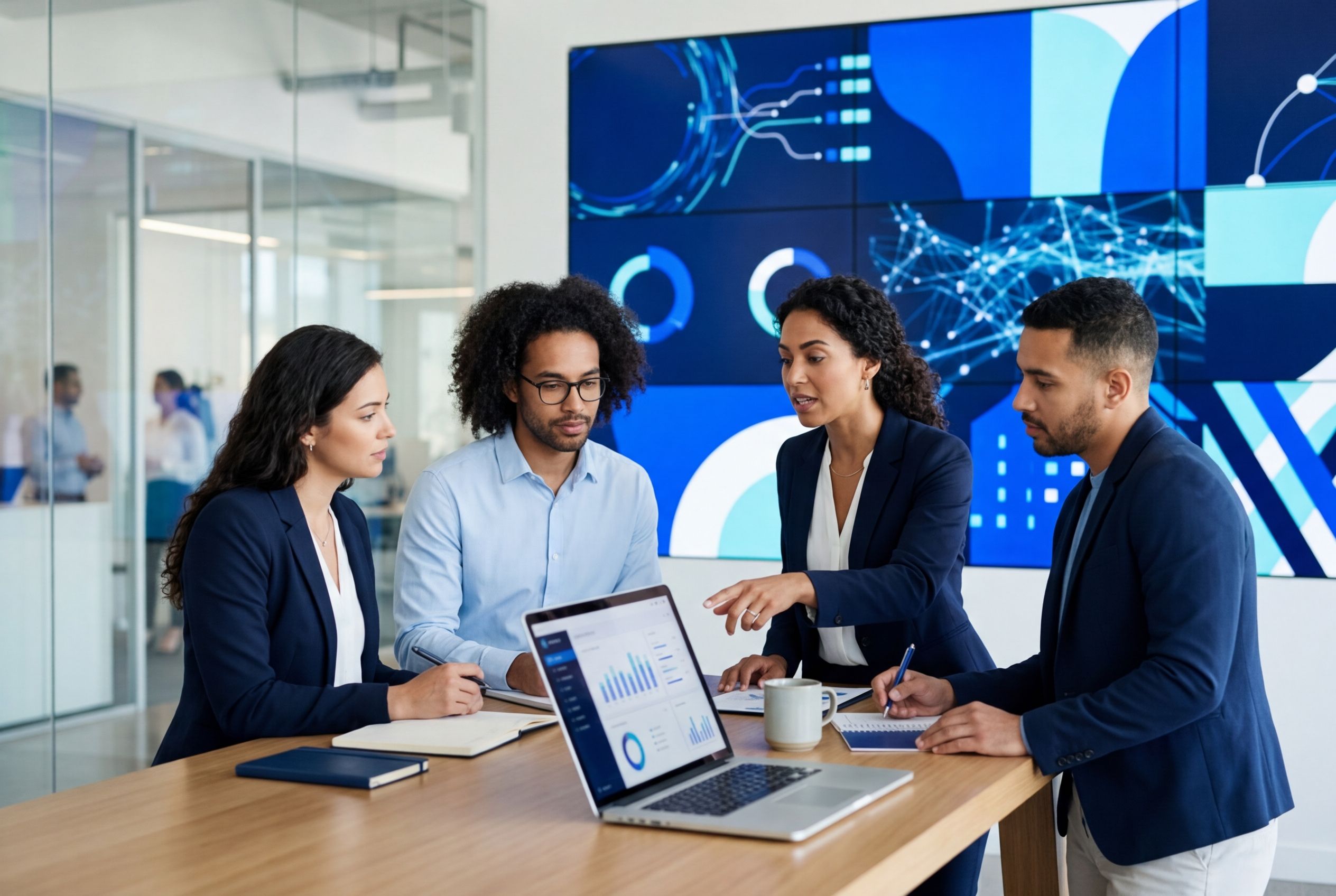 Equipe de atendimento B2B alinhando operação em ambiente corporativo moderno