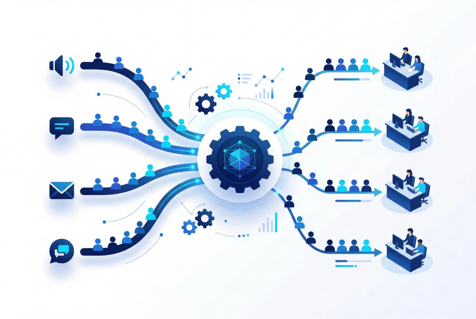 Fluxos de atendimento sendo distribuídos por habilidades e filas