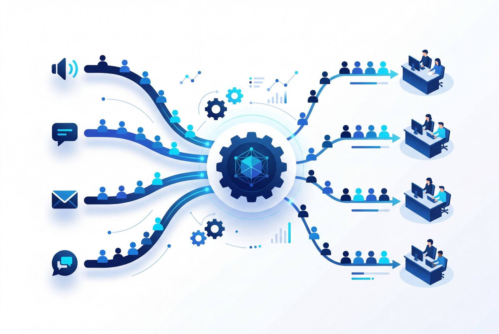 Fluxos de atendimento sendo distribuídos por habilidades e filas