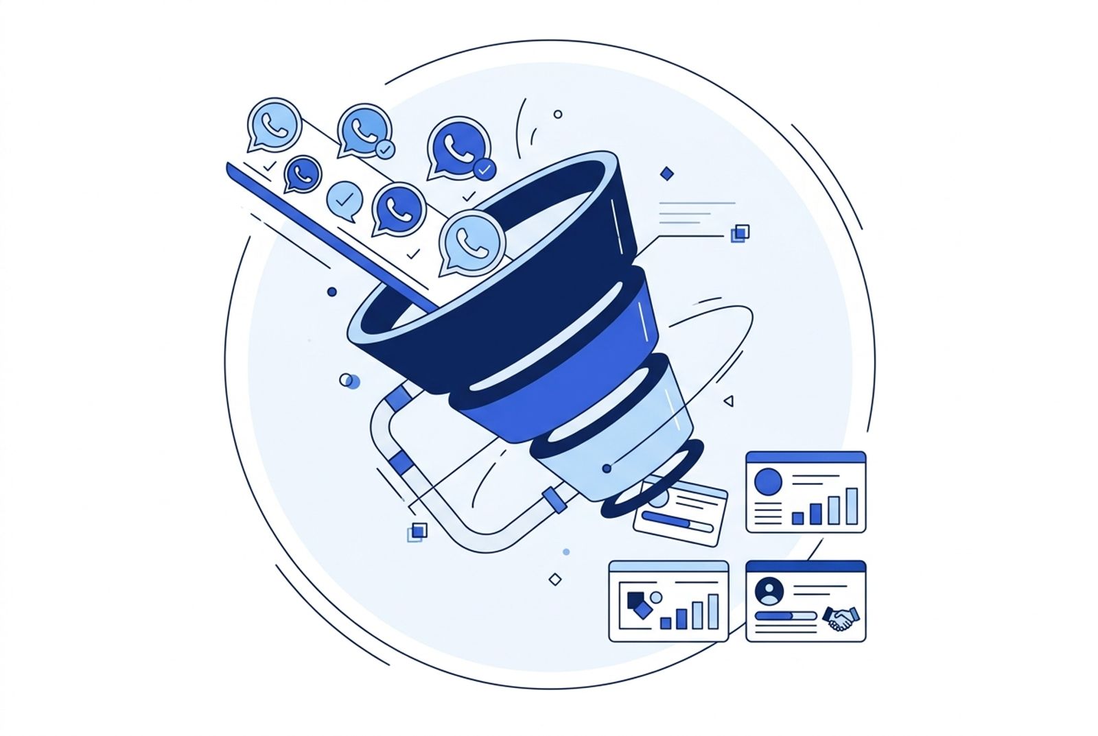 Representação visual de funil de vendas conectado ao WhatsApp e ao CRM