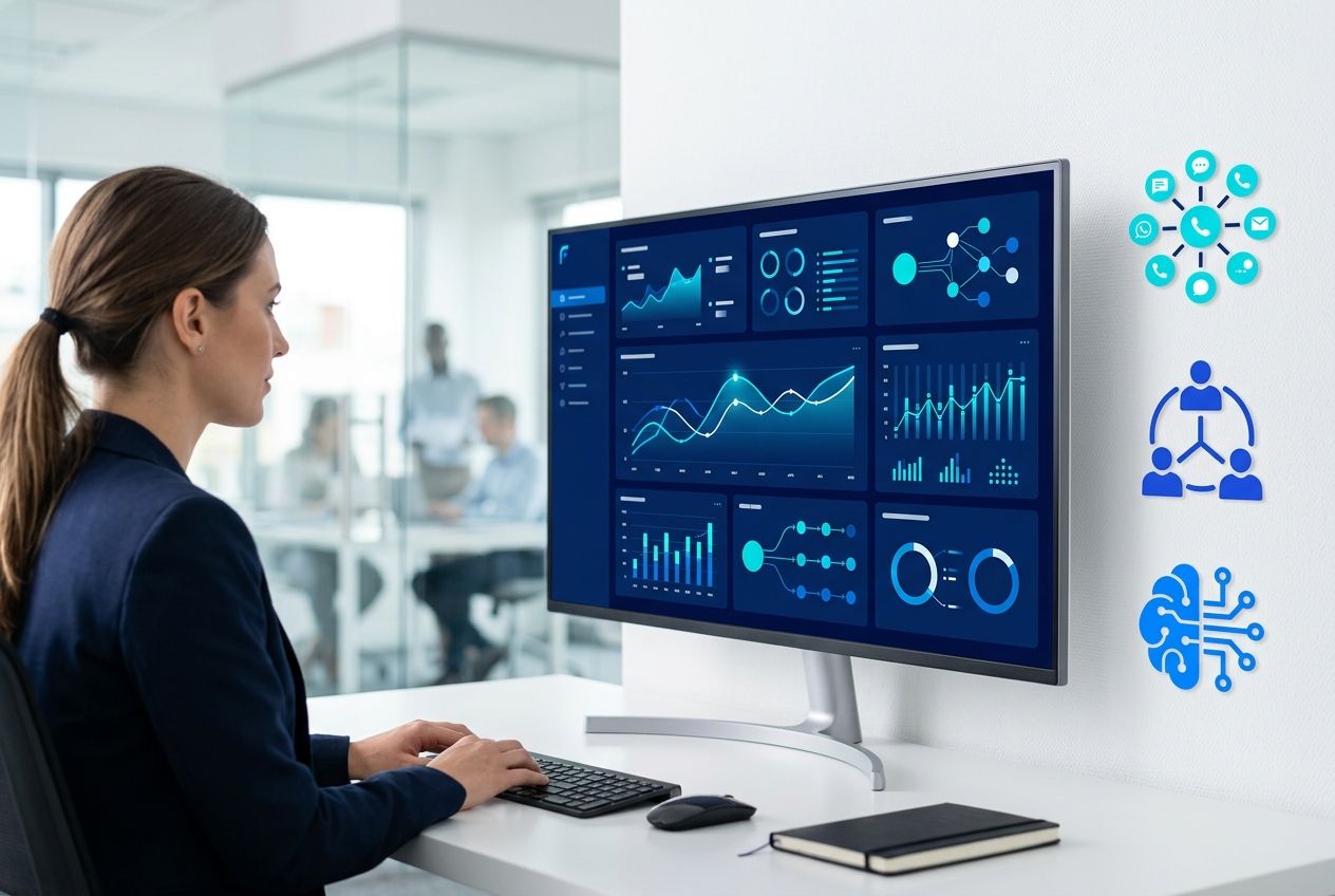 Painel analítico abstrato representando gestão e indicadores do atendimento