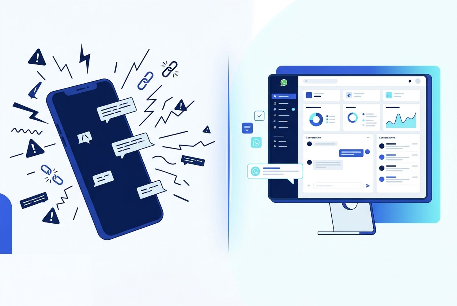 Comparação visual entre disparo arriscado e operação profissional no WhatsApp