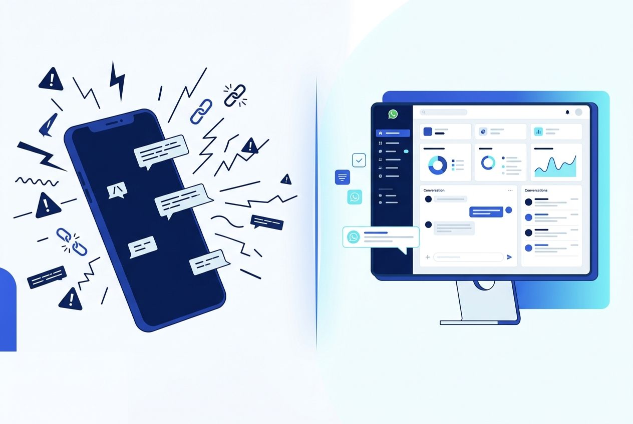 Comparação visual entre disparo arriscado e operação profissional no WhatsApp