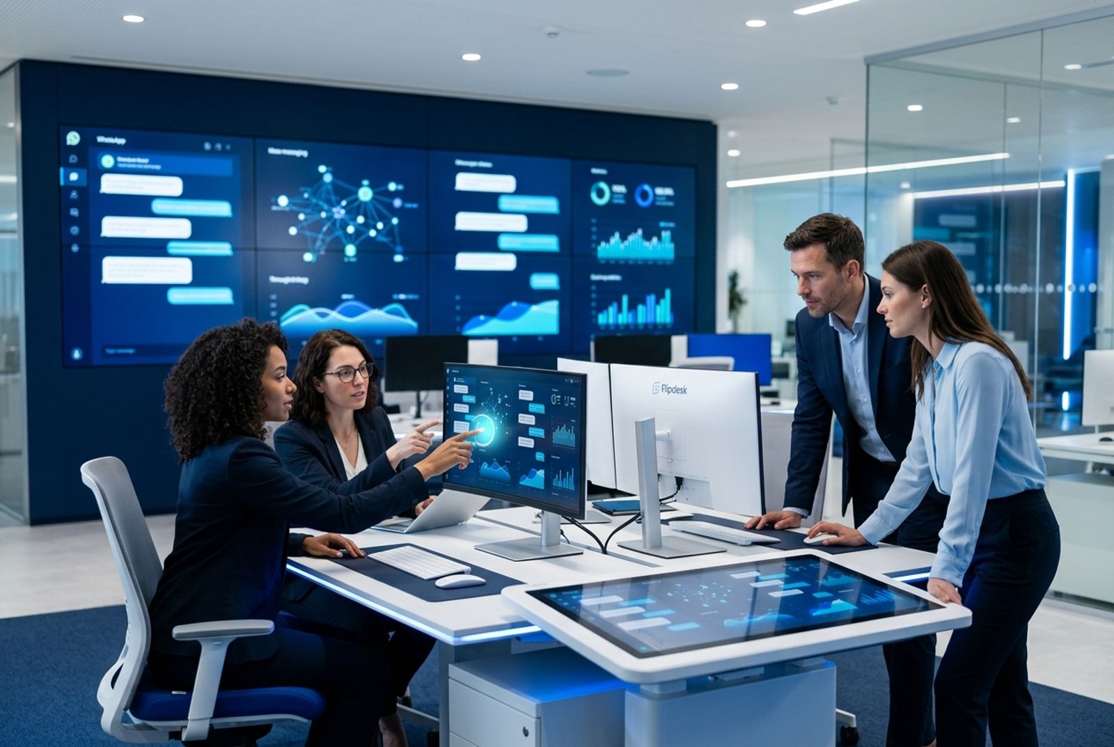 Equipe operando atendimento unificado e monitorando indicadores em tempo real