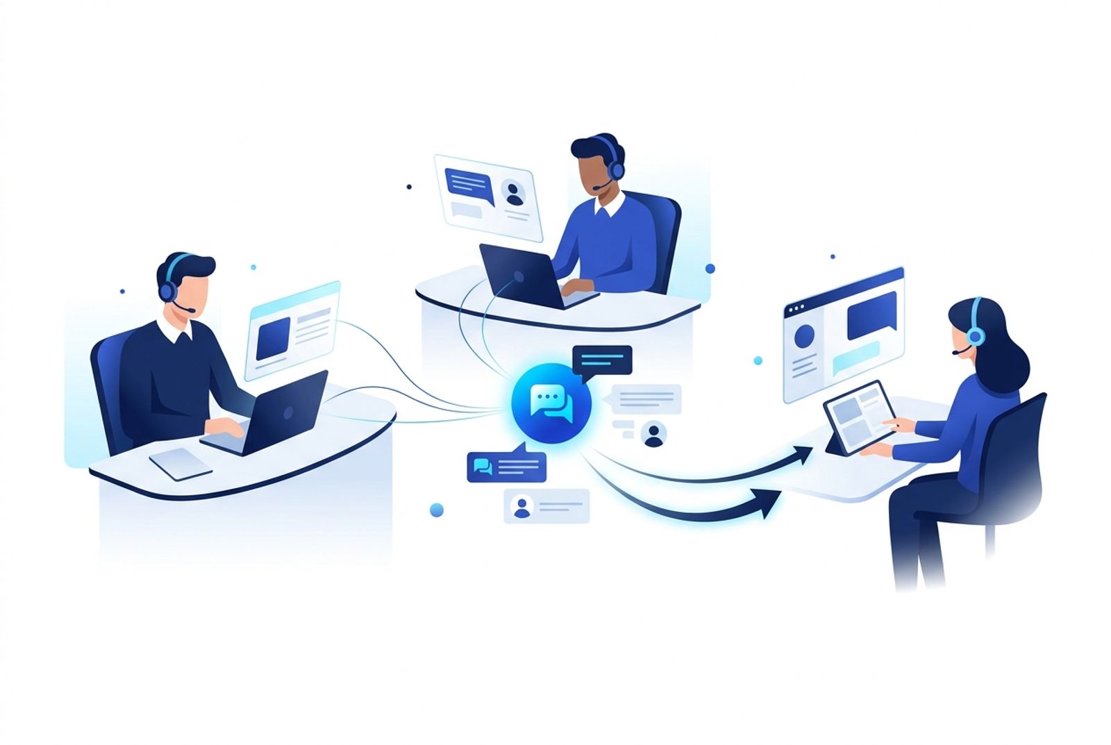 Equipe compartilhando atendimento com transferência de contexto entre atendentes