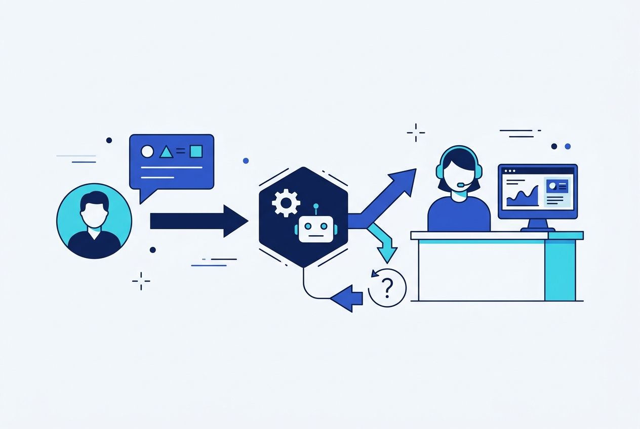 Fluxo visual de triagem com chatbot e transferência para atendente humano.