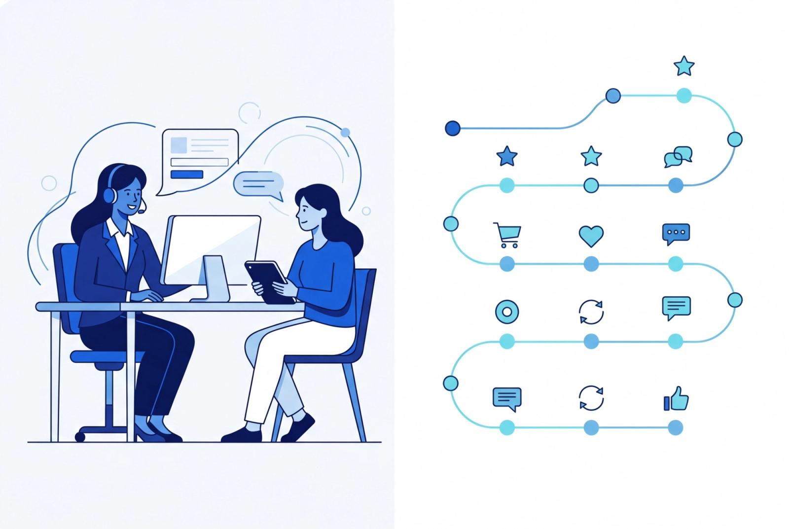 Representação visual da diferença entre atendimento ao cliente e experiência do cliente