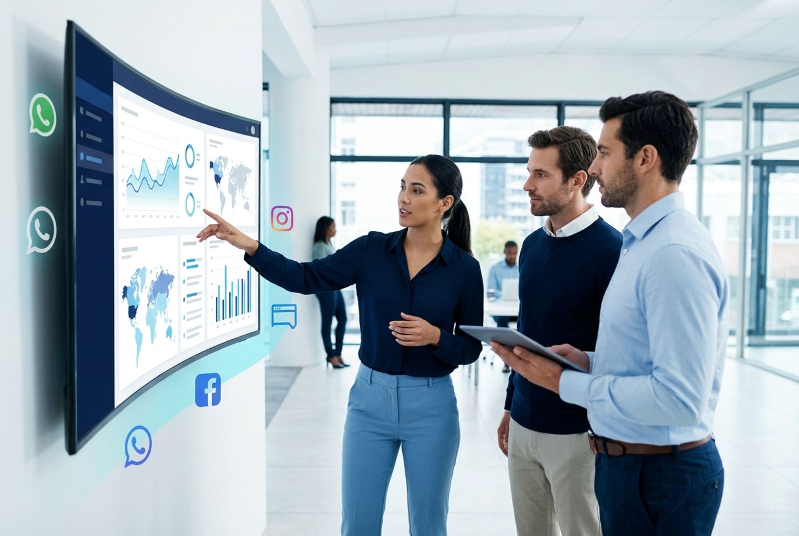 Equipe acompanhando atendimento omnichannel com distribuição inteligente de conversas