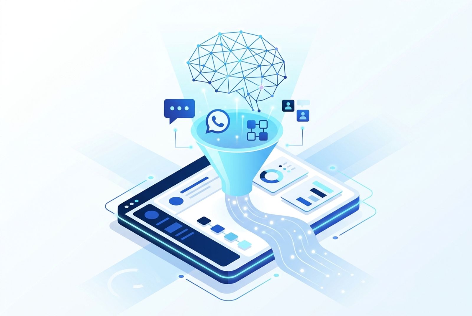 Representação visual de plataforma unificando canais, automação e indicadores de atendimento