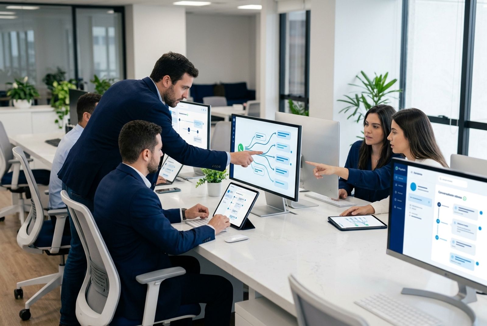 Equipe comercial operando atendimento no WhatsApp com distribuição inteligente