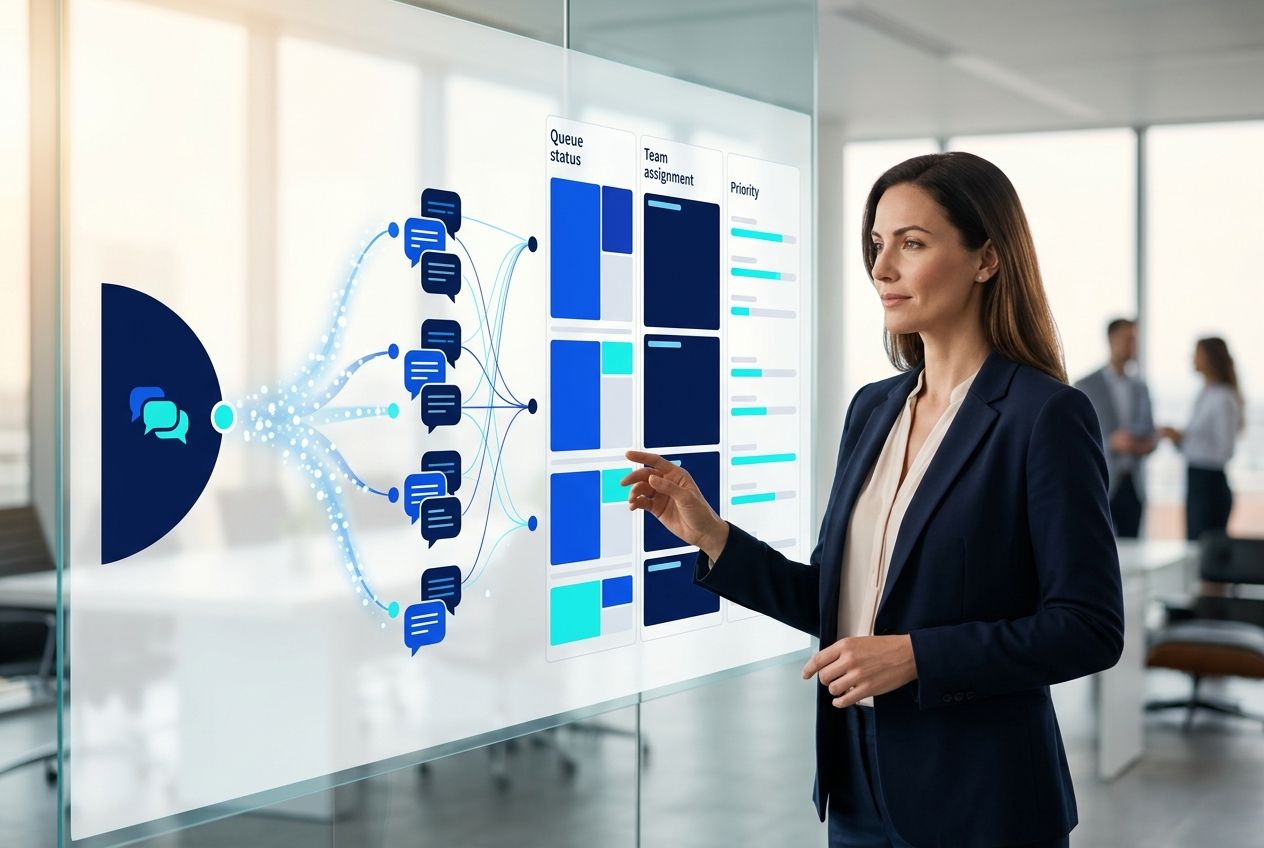 Gestor acompanhando operação de atendimento com conversas distribuídas e indicadores