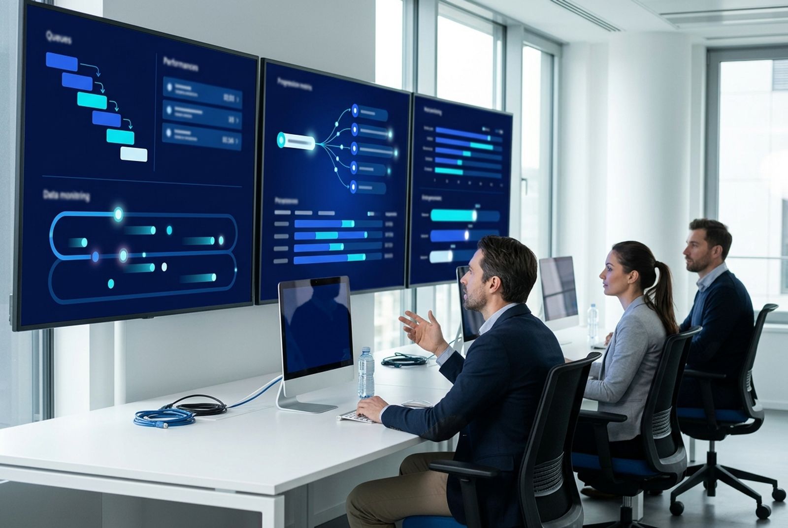 Equipe acompanhando filas e indicadores de atendimento em tempo real