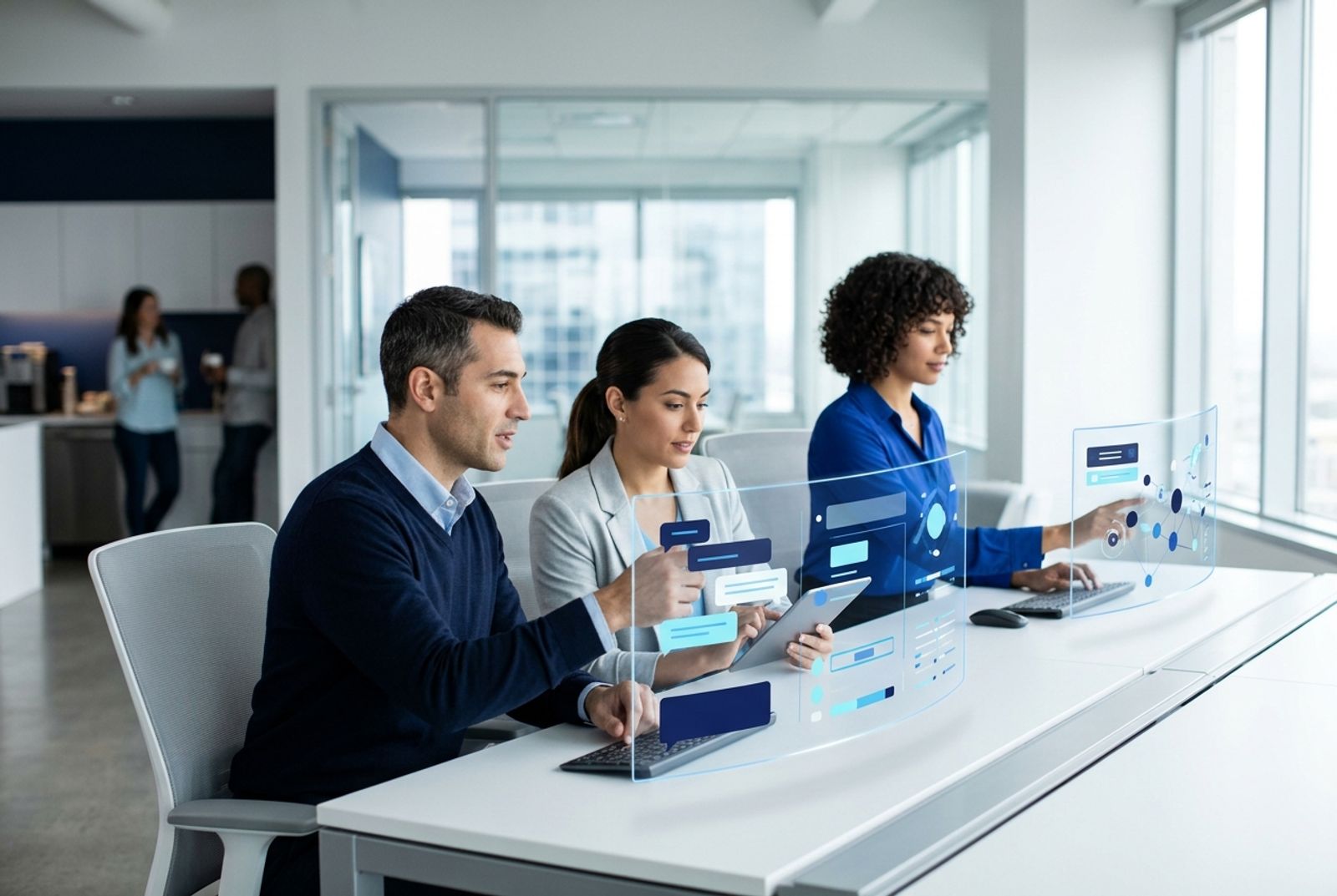 Equipe de atendimento acompanhando produtividade e distribuição de conversas em ambiente omnichannel