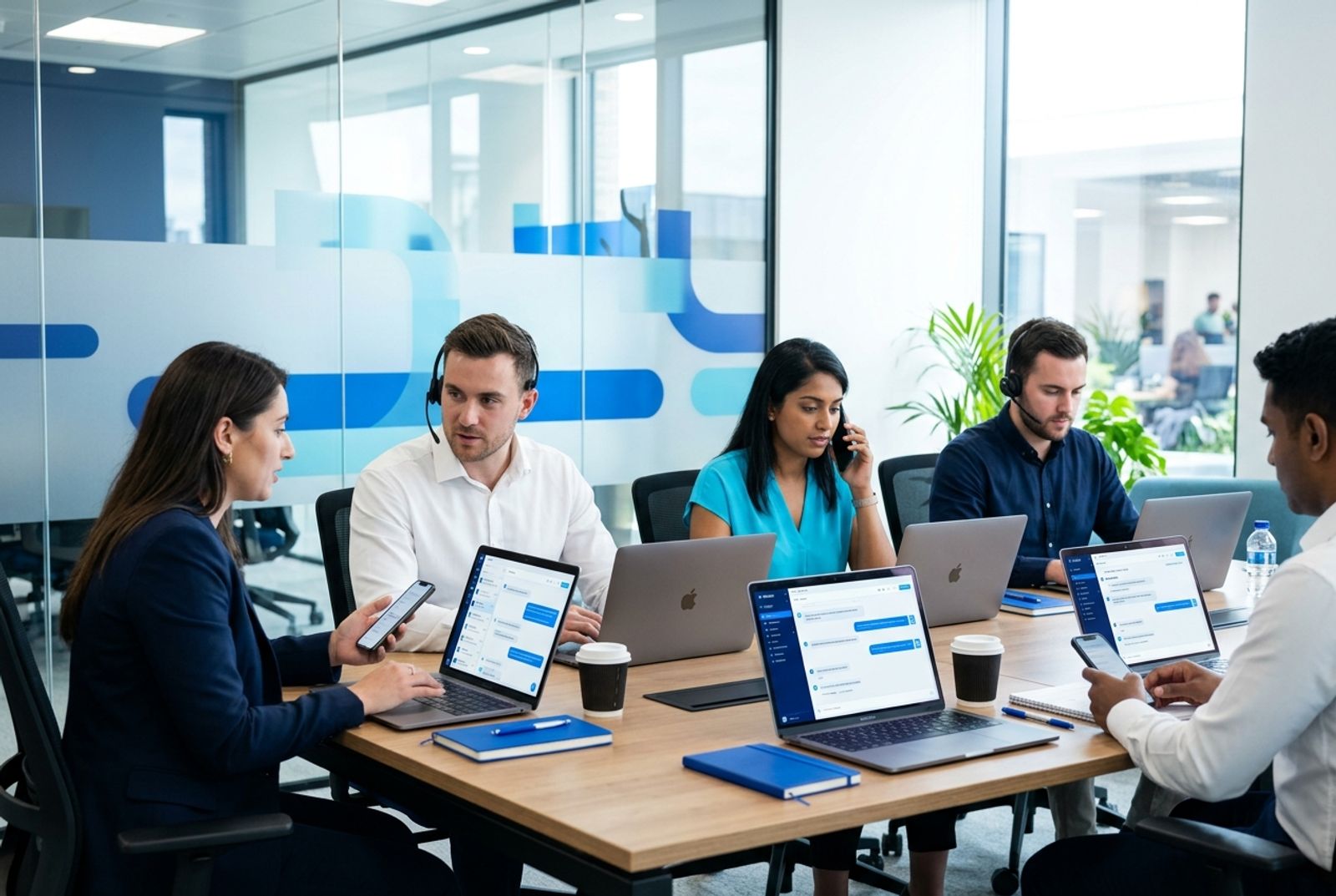 Equipe de atendimento trabalhando com distribuição organizada de conversas