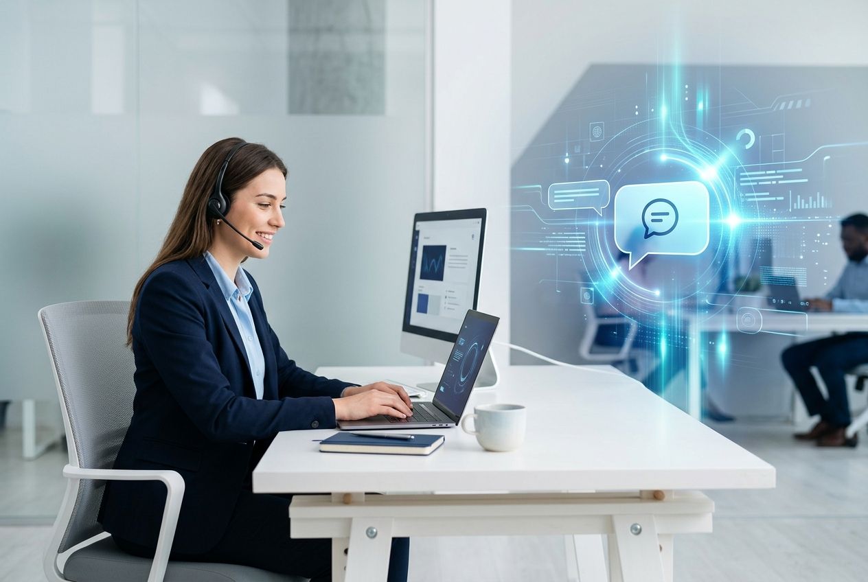 Comparação visual entre chatbot e atendimento humano em ambiente corporativo moderno.