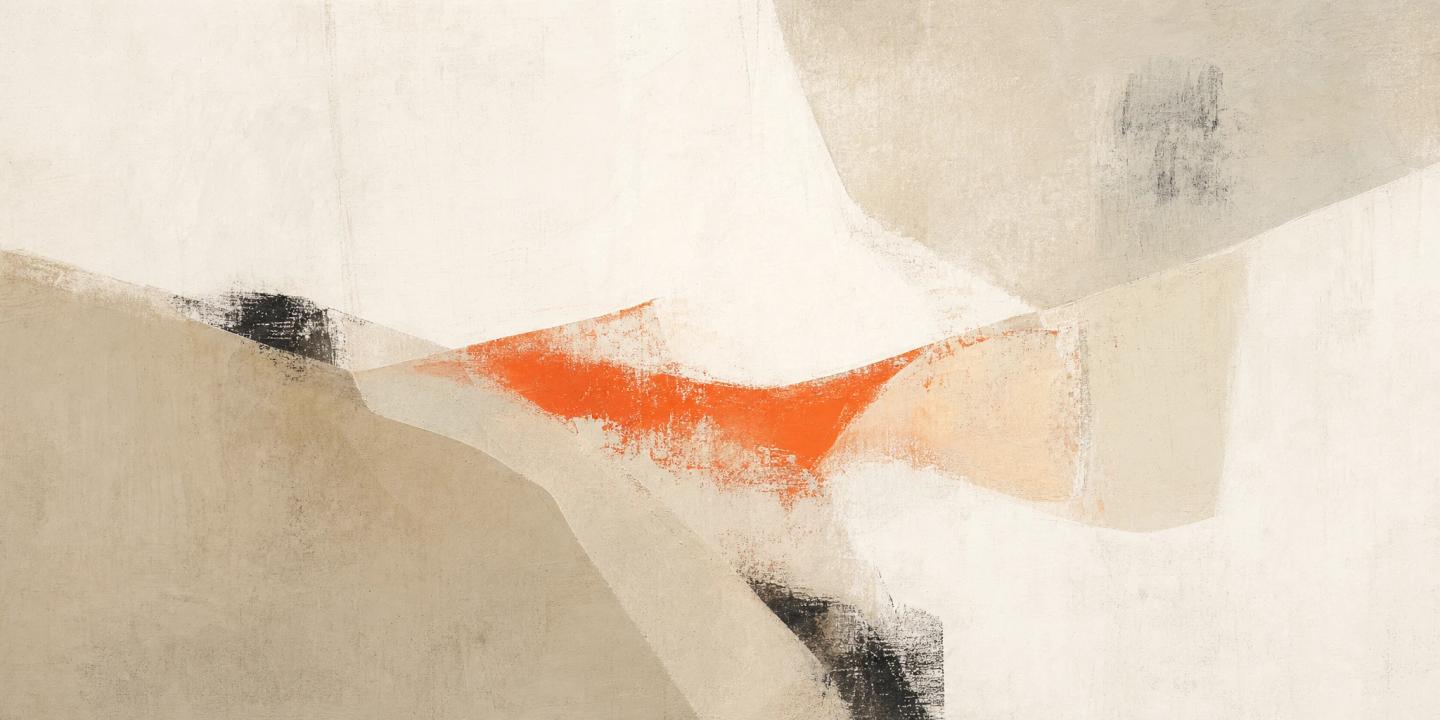 Abstract orange, sand and charcoal brushwork on warm ivory textured paper.