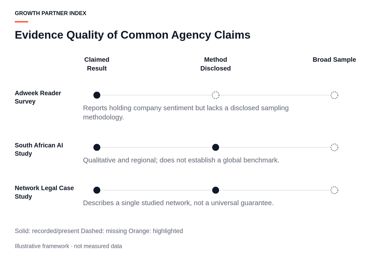 A signal diagram evaluating three industry sources on whether they provide a claimed result, a disclosed method, and a representative global sample.