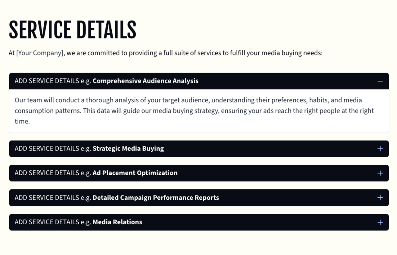 A section from a Qwilr proposal template with expandable modular blocks for audience analysis, media buying, and reporting.