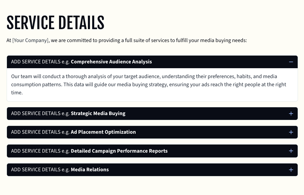 A section from a Qwilr proposal template with expandable modular blocks for audience analysis, media buying, and reporting.