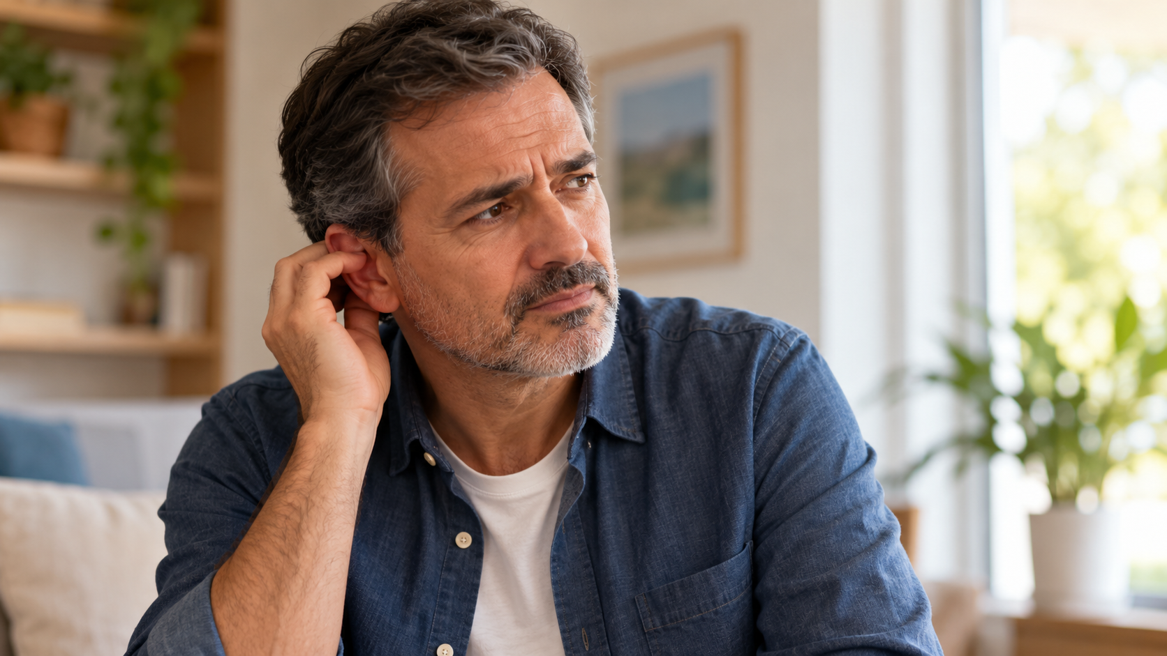 Homem adulto com a mão próxima ao ouvido, representando a preocupação com episódios recorrentes de secreção auditiva.