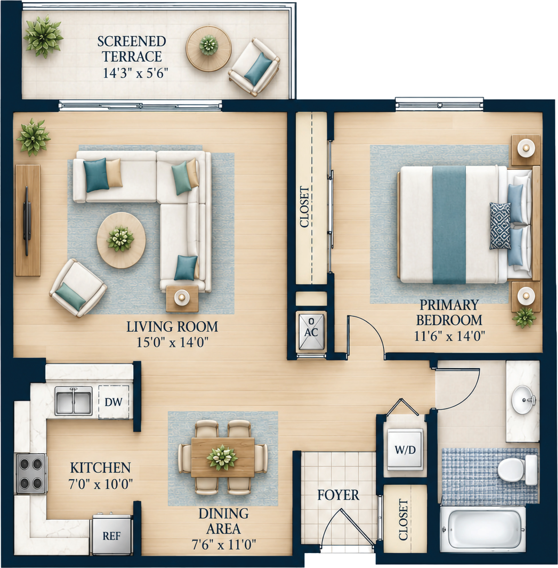 The Pine floor plan: 1 Bedroom, 1 Bath, 866 sq ft total